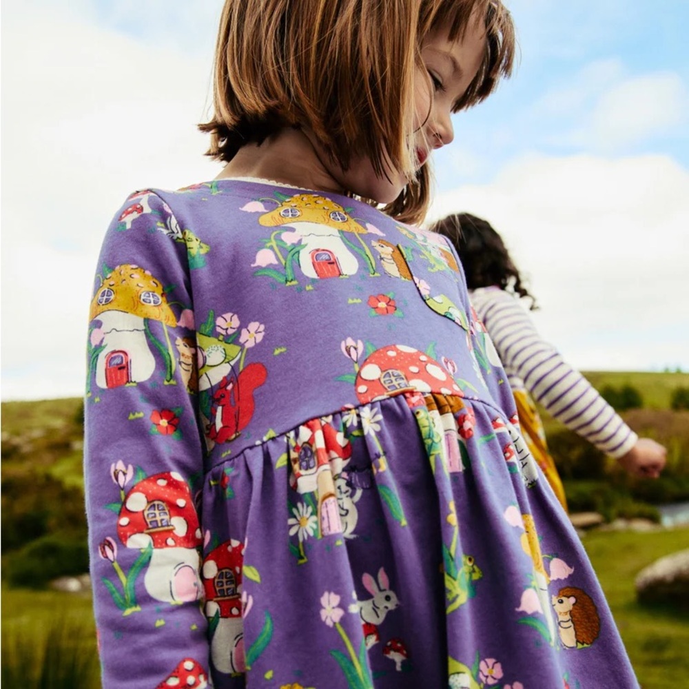 Mini Boden Toadstool Print Long-sleeve Cotton dress | size 7-8 - Picture 2 of 12
